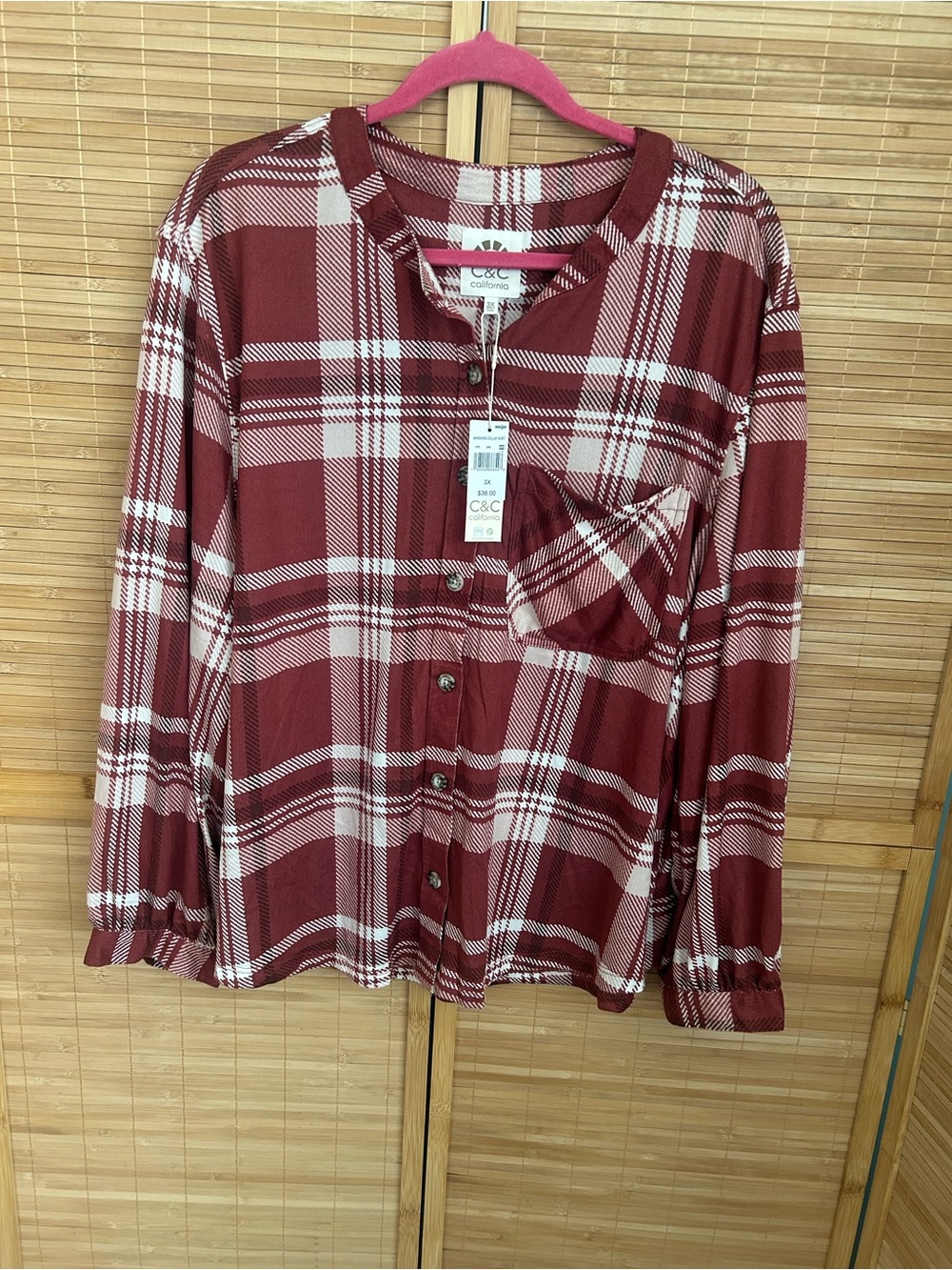 C&C California henley top plaid pattern in rust red cream SOFT 3X shirt blouse